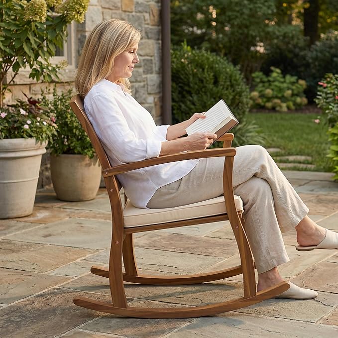 Acacia Wood Outdoor Rocking Chair, Patio Furniture for Garden, Lawn, Porch, Balcony, Nursery, Modern Water-Resistant Comfortable Rocker for Backyard Poolside Relaxation