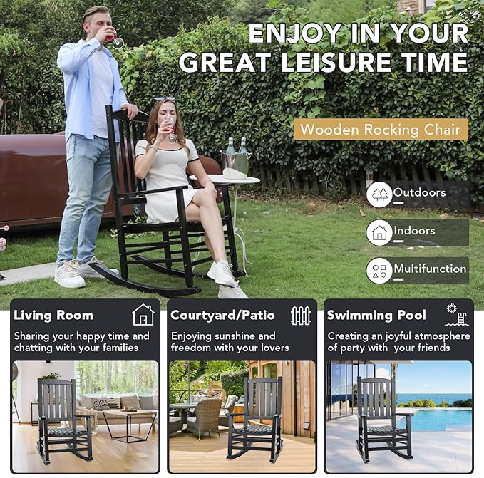 Wooden Outdoor Rocking Chair, Oversized Patio Rocking Chair w/400lbs Support & High Backrest | Porch, Lawn, Garden, Backyard,Black