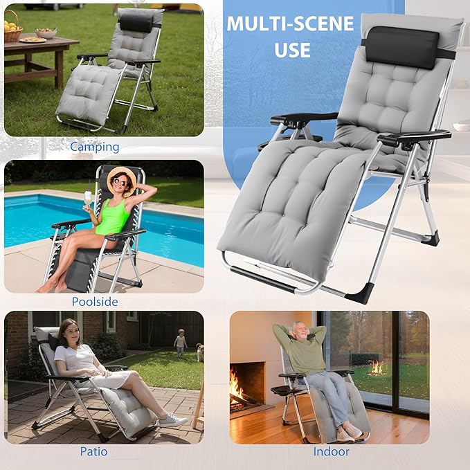 NEWBULIG Zero Gravity Chair, Folding Outdoor Patio Recliner, Reclining Camping Lounge Chair with Cup Holder Trays and Removable Cushion for Indoor Outdoor Beach