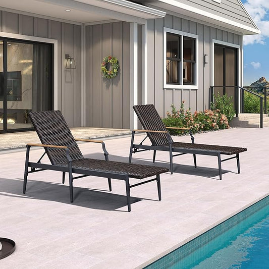 PURPLE LEAF Outdoor Chaise Lounge Chair Set of 2 Patio Pool Lounger Wicker Chairs with Wooden Armrest Sunbathing Tanning Recliner for Pool Backyard Garden Dark Brown