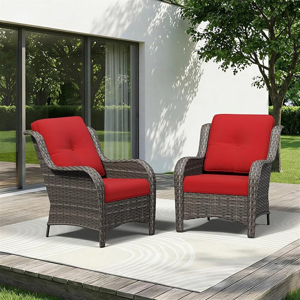 Patio Chairs Set of 2, Outdoor Wicker Patio Furniture Set with Thickened Olefin Cushions, High Back and Deep Seating - Photo 1
