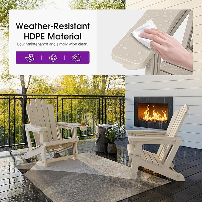 PURPLE LEAF Adirondack Chair Set of 4 HDPE All-Weather Outdoor Fire Pit Chair with 24.6" Oversized Seat Wood-Textured Patio Adirondack Chair with Dual Cup Holders for Garden Deck Backyard, Champagne