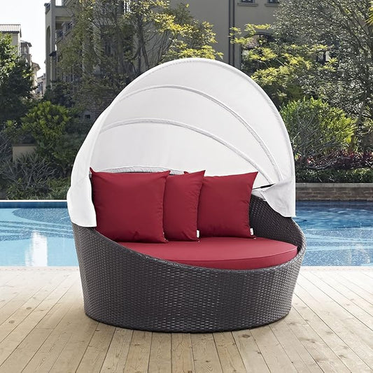 Modway Convene Wicker Rattan Outdoor Patio Retractable Canopy Round Poolside Sofa Daybed in Espresso Red