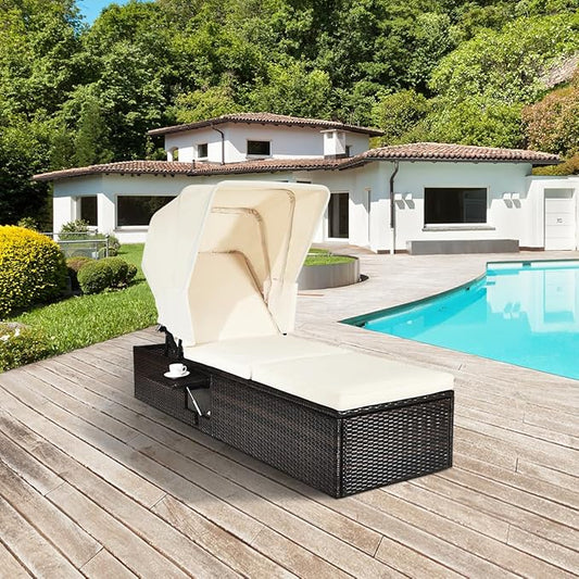 COSTWAY Patio Rattan Lounge Chair Chaise Cushioned Top Canopy Adjustable W/Tea Table