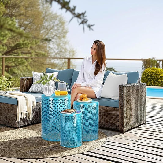 Outvita Outdoor Nesting Tables Set of 3, Heavy Duty Metal Frame Accent Modern End Table, Portable Side Table for Indoor, Outdoor, Living Room, Meander Pattern - Blue