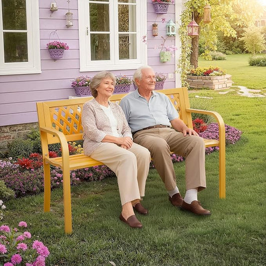 47" Outdoor Garden Bench, Patio Metal Frame Park Bench with Mesh Pattern Backrest for Porch, Lawn, Deck