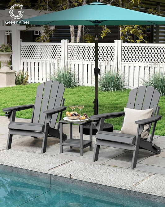 GREENVINES Folding-Adirondack-Chairs-Set-of-2 | HDPE Plastic | Fire Pit Chair | All Weather | Cup Holder | Grey | for Deck Backyard Patio Outdoor Garden