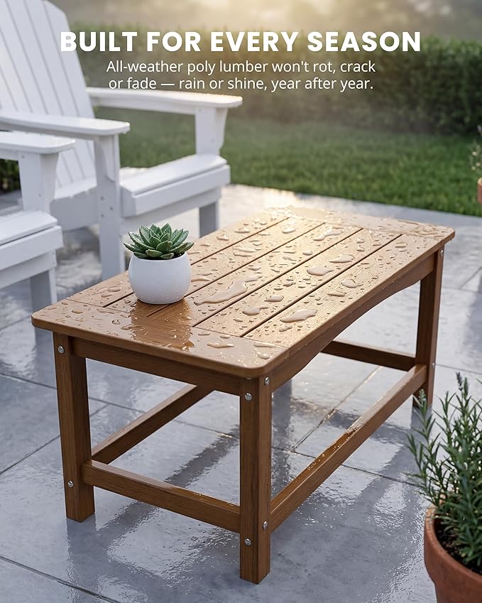 Outdoor Coffee Table for Patio, 35 Inch Rectangle Patio Coffee Table, Teak All-Weather Poly Lumber Small Outdoor Table, 250 lb Capacity for Deck Porch Balcony Garden Poolside