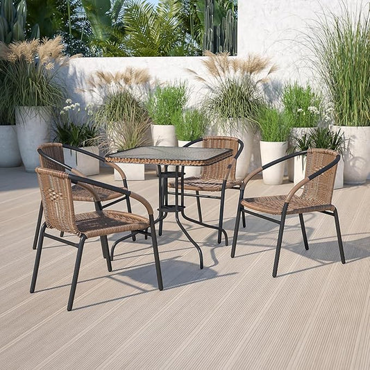Flash Furniture Barker 28'' Square Tempered Glass Metal Table with Dark Brown Rattan Edging