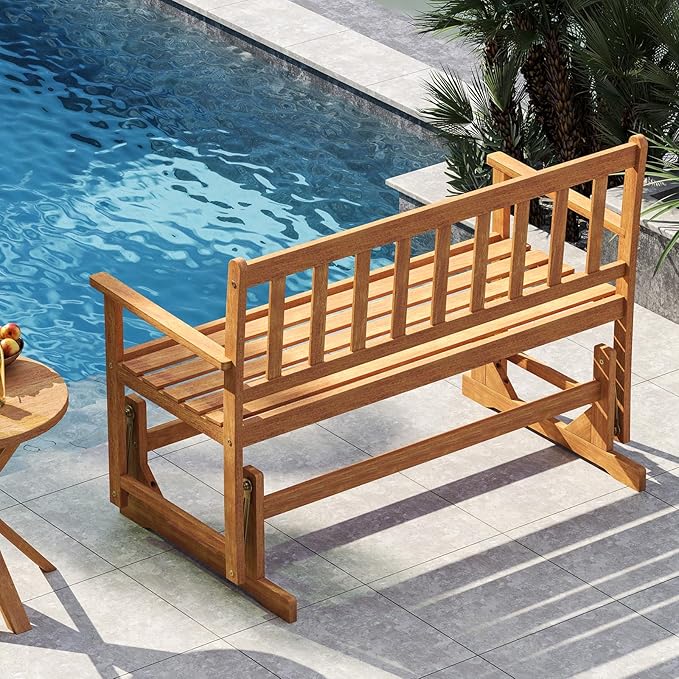 RELAX4LIFE 2-Person Outdoor Glider Bench - Acacia Wood Heavy Duty 800 LBS Double Swing Rocking Chair w/Slatted Seat, Backrest & Armrests, Loveseat Rocker for Porch Garden, 2-Seater Wooden Patio Glider