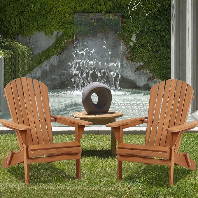 Folding Adirondack Chair Outdoor Patio Chairs Weather Resistant Lounger Chair Lawn Chair with Arms Wooden Accent Furniture for Patio Deck Garden Backyard Deck 1 Pieces Natural
