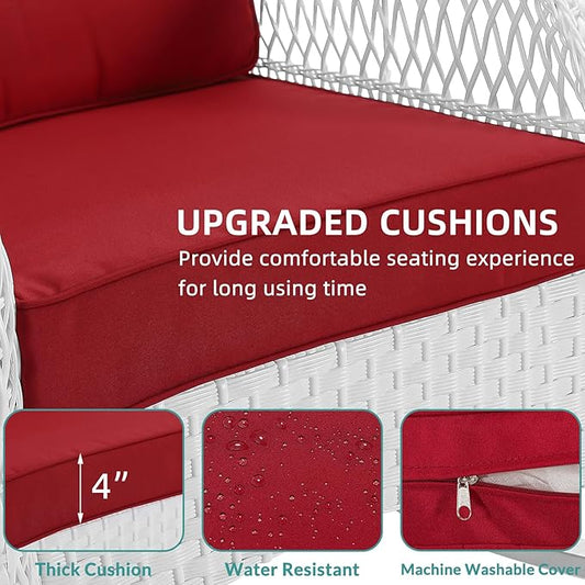 MEETWARM 3 Pieces Patio Conversation Set, Rattan Outdoor Rocking Patio Bistro Set with 2 Rockers and 1 Side Table with 4" Thick Cushions, Outdoor Furniture Set for Porch Backyard, White Wicker/Red