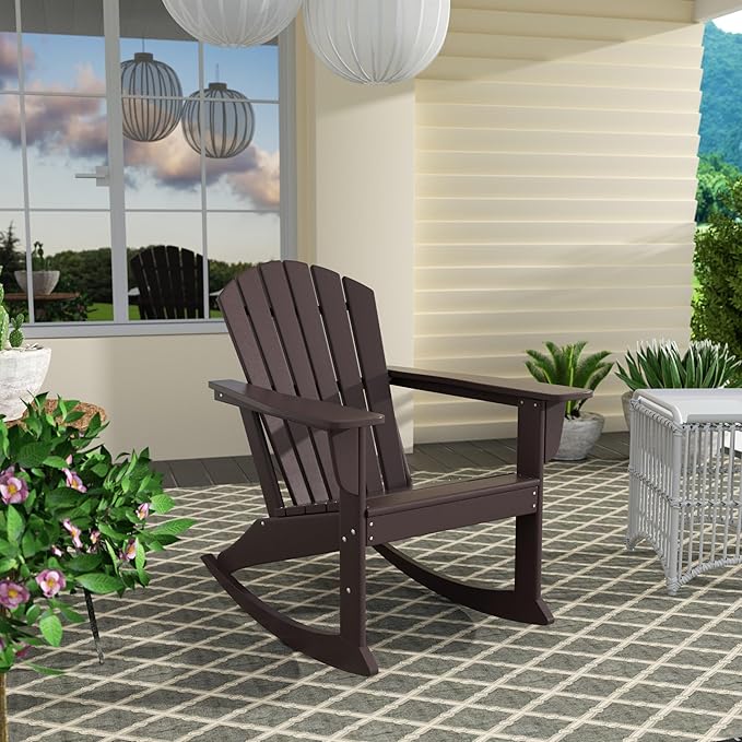 Costaelm Outdoor Adirondack Chair, All Weather Resistant Lawn Chairs Balcony Chair and Fire Pit Chairs, Deck Chairs Outdoor Porch Rocking Chair High Back HDPE Poly Lumber, Dark Brown