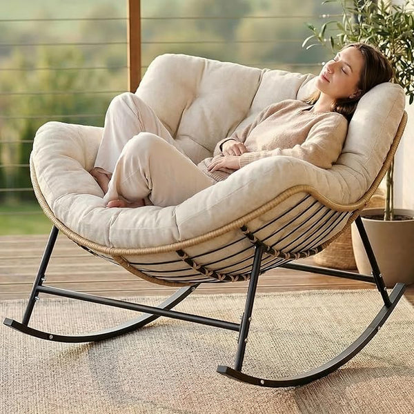 SWITTE Oversized Rocking Papasan Chair, Outdoor Wicker Egg Rocker with Thick Cushion - Photo 1