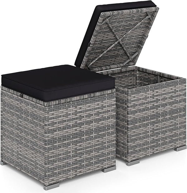 RELAX4LIFE Wicker Outdoor Storage Ottoman - 2-Piece Rattan Footstool w/Removable Cushion - Photo 1