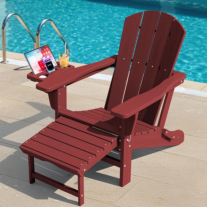 KINGYES Folding Adirondack Chair, Adjustable Backrest with Pull-Out Footrest & 4-in-1 Mobile Phone, Tablet, Cup Holder