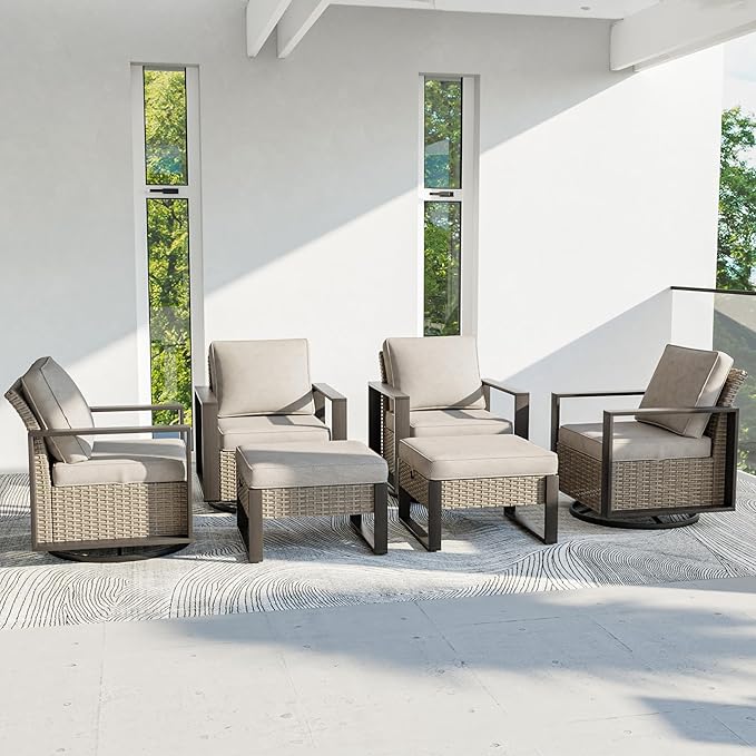 Outdoor Patio Furniture Set, 6 Piece Wicker Patio Conversation with Deep Seating, Thicken Cushions, Outdoor Swivel Rocker Patio Chairs, Metal Outdoor Furniture for Deck, Porch, Yard Use