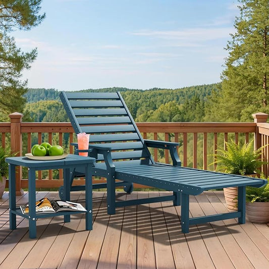 5-Position Adjustable Patio Chaise Lounge - 78'' HDPE Outdoor Lounger with Rolling Wheels & Cup Holder, Longer, Wider, Higher - Perfect for Poolside & Deck, Navy