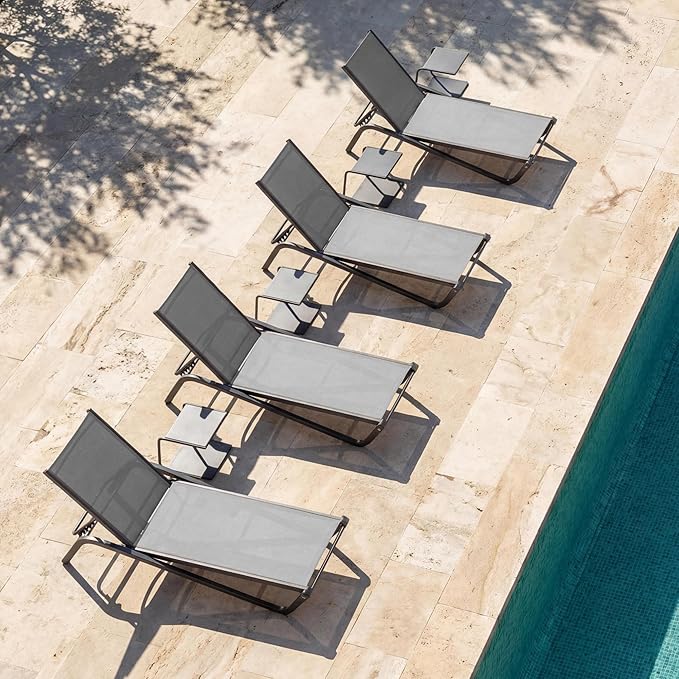 Lounge Chair Set of 4, Aluminum Chaise Lounge Outdoor, Lightweight Lounge Chairs for Outside with 5 Adjustable Backrest, Pool Lounger for Poolside, Beach, Balcony, Deck (Grey)