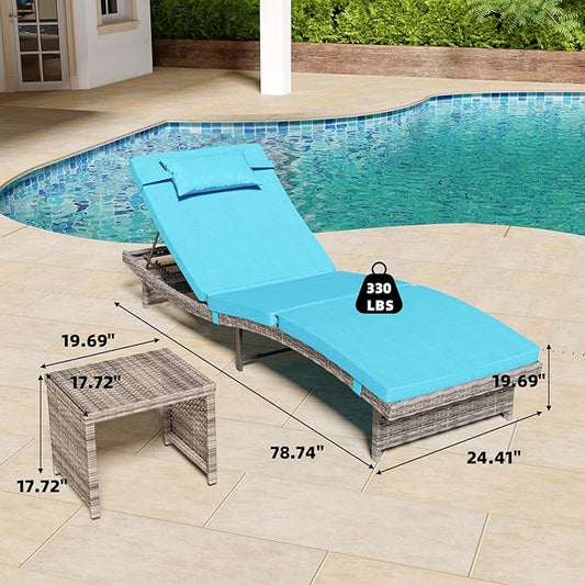 Long Reclining Chair Lounge Set (Set of 3), Modern Outdoor Patio Furniture with Adjustable Backrest & Side Table, Durable PE Wicker, Weather-Resistant Cushions, Blue