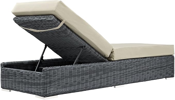 Modway Summon Wicker Rattan Aluminum Outdoor Patio Poolside Chaise Lounge Chair with Sunbrella® Fabric Cushions in Canvas Antique Beige