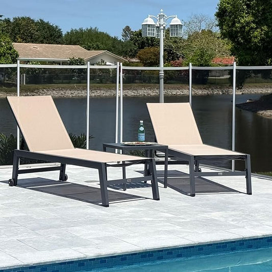 PURPLE LEAF Patio Chaise Lounge Set for 2 Outdoor Chaise Lounge Chair with Aluminum Frame and Easy-to-Move Wheels Pool Lounge Chairs for Deck Yard Poolside Table Included, Sand Beige