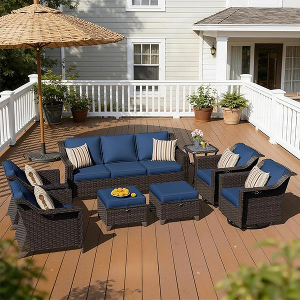 8 Pieces Patio Conversation Furniture Set - 1 Sofa, 2 Ottomans, 2 Armchairs, 2 Swivel Chairs, 1 Side Table - Photo 1
