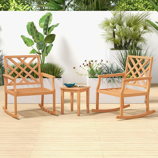 Tangkula Teak Wood Rocking Chair, Oversized Porch Rocker with Backrest and Slatted Seat, Outdoor Rocker Chair for Patio, Backyard and Lawn, 330 LBS Weight Capacity (2, 32 x 28 x 35 Inch)