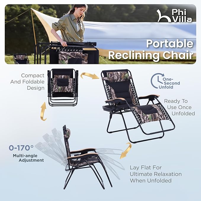 PHI VILLA XXL Oversized Padded Zero Gravity Chair Set of 2, Foldable Patio Recliner, 30" Wide Seat Anti Gravity Lounger with Armrest and Cup Holder, Support 400 LBS (Camouflage)