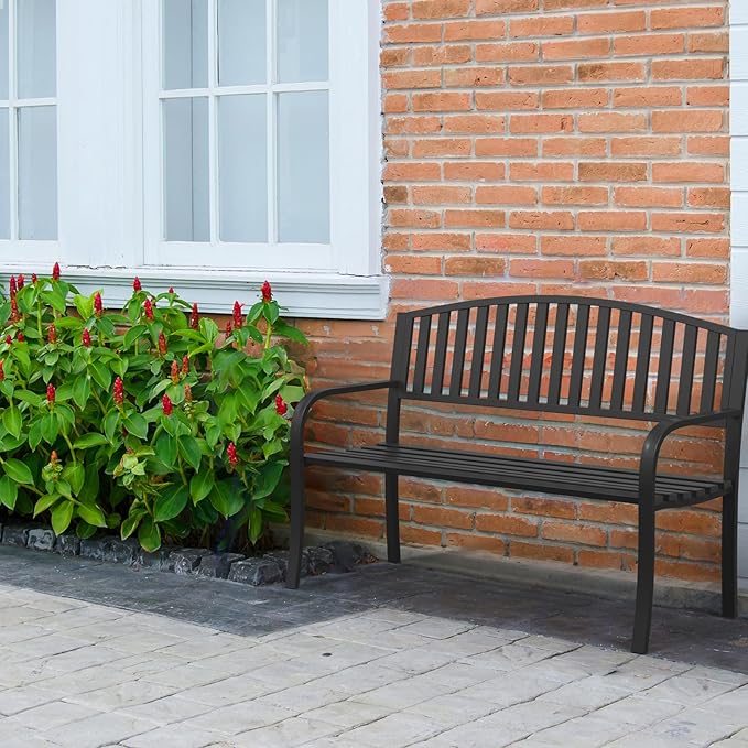 Outdoor Bench Garden Bench, 50" Anti-Rust Patio Bench Clearance, Iron Metal Frame Outdoor Benches Weatherproof for Front Porch, Yard, Lawn, Deck