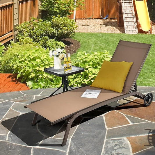 Tangkula Outdoor Chaise Lounge Chair, Patio Lounge Recliner with 6-Position Adjustable Backrest, Breathable Fabric and Smooth Wheels, Outdoor Lounge Chair (1, Brown)