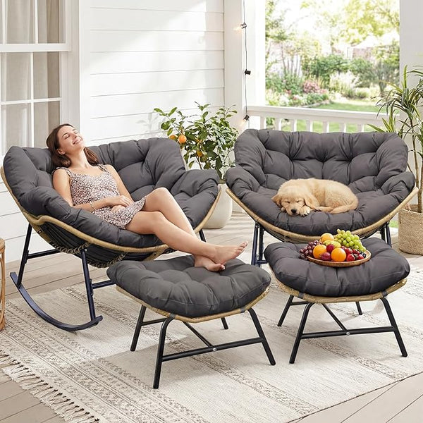 NICESOUL Outdoor Rocking Papasan Chair Set of 2 with Cushions, Comfy Oversized Padded Rockers - Photo 1