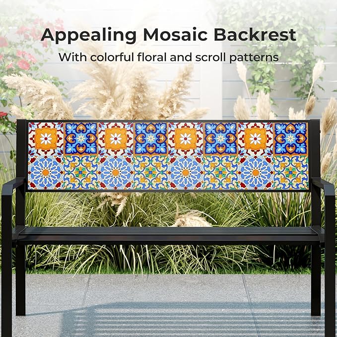 Tangkula 50" Metal Patio Park Bench, Modern Outdoor Classic Slatted Loveseat for 2-3 People with Curved Seat & Mosaic Backrest, Heavy-Duty Outdoor Seating for Backyard, Poolside, Porch