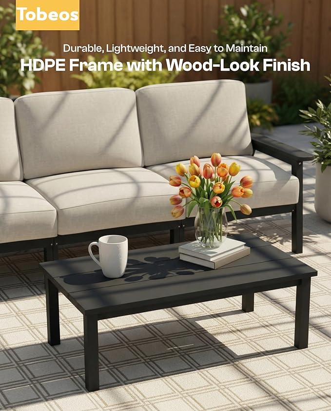 Patio Furniture Set, HDPE Outdoor Sofa Set with Beige Washable Cushions, Patio Conversation Sets for Lawn, Garden, Porch, Balcony & Deck, Durable Outdoor Sectional Furniture (Black Frame)