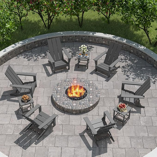 9 Pieces Adirondack Chair Set Outdoor Adirondack Chair Plastic HDPE All-Weather Adirondack Chairs Outdoor Fire Pit Chairs with Table for Deck Patio Garden(Grey)