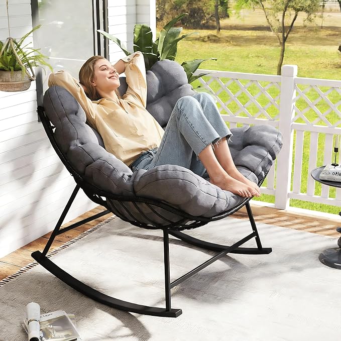 Kromax Oversized Outdoor Papasan Rocking Chair, Wicker Egg Chair Rocker for Outside, Comfy Patio Rocker, Large Indoor Rocking Recliner, Modern Egg Style, Grey