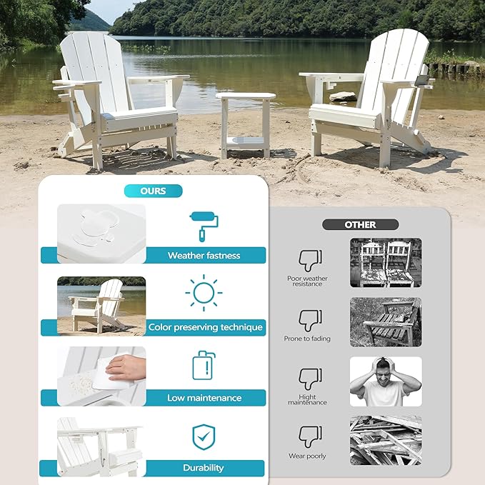 Folding Outdoor Adirondack Chairs Set of 4 with HDPE Side Tables-Plastic Weather Resistant Patio Chairs with Small Outdoor Side Tables 2 Storage for Patio,Fire Pit, Garden and Backyard