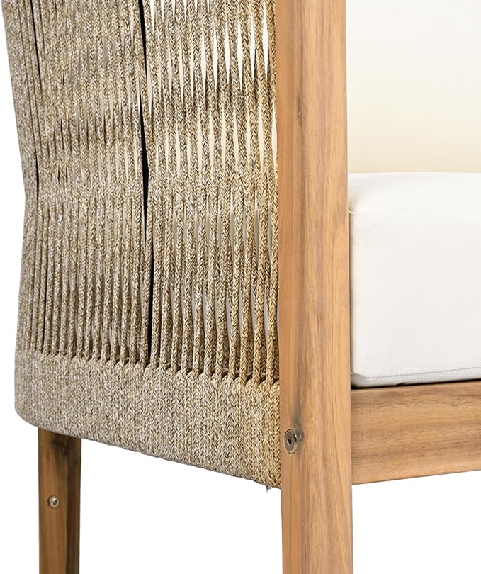 Christopher Knight Home Havets 77"W Outdoor 3 Seater Sofa, 6" Thick Cushion Couch, Acacia Wood Bench Sofa, Comfy Woven Rope Armchair, Spacious Seating Bench Couch for Backyard Garden Porch, Teak+Beige