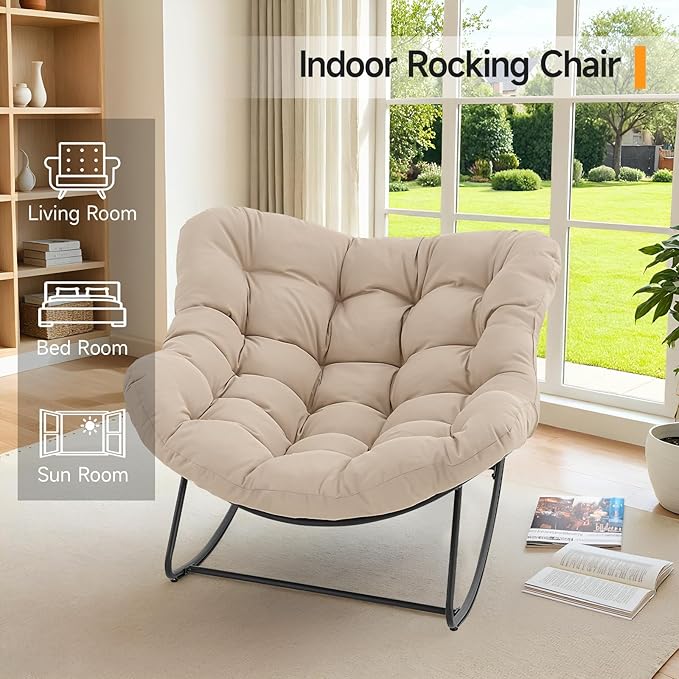 ONBRILL Outdoor Papasan Rocking Chair, 450 lbs Oversized Comfy Patio Chair with Thickened Cushion, Indoor Egg Rocking Lounge Chairs, Rocker Chairs for Patio Porch Garden Living Room Bedroom, Beige