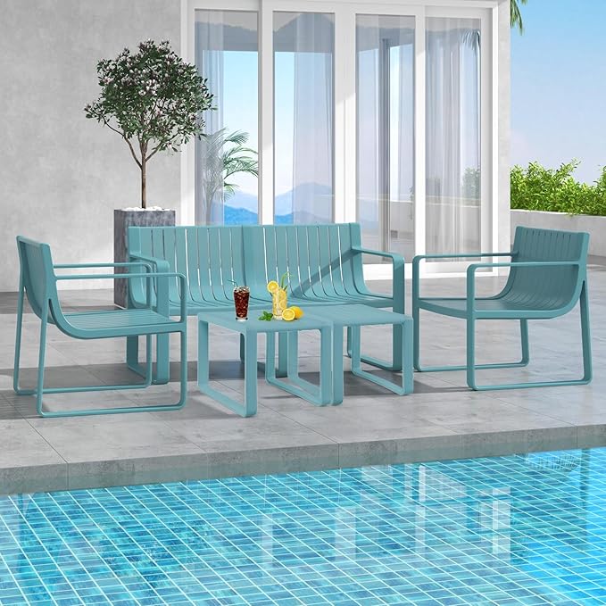 Tangkula Patio Loveseat, Weather-Resistant Plastic 2-Person Bench with Curved Backrest, Outdoor Conversation Furniture with Slatted Design for Patio, Poolside, Backyard, Garden, Deck, Lawn (Blue)