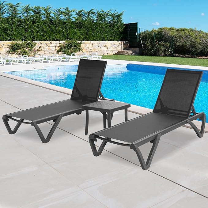 Outdoor Chaise Lounge 3 Pieces Aluminum Patio Lounge Chair with 5 Adjustable Position Recliner Chair Outside Tanning Chairs for Patio, Beach, Yard, Pool, Side Table Included -Dark Grey