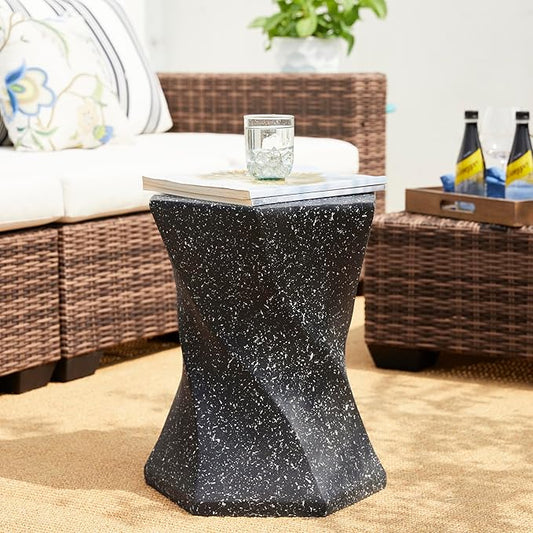 Glitzhome Outdoor Side Table Set of 2, 17.75" H Decorative Garden Stool MGO Twist Faux Terrazzo End Table, Round Planter Stand for Indoor Outdoor Living Room Bedroom Patio Deck Poolside, Black