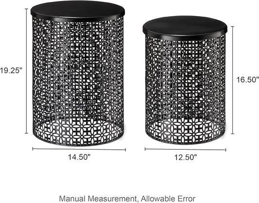Glitzhome Outdoor Side Table Set of 2, Decorative Garden Stool for Patio Heavy Duty Metal Frame Accent Table Modern End Table, Glossy Black