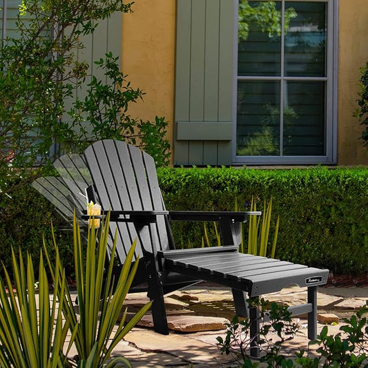 FUNBERRY Adjustable Folding Adirondack Chair with Retractable Ottoman, All Weather Fire Pit Chairs with Cup Holder