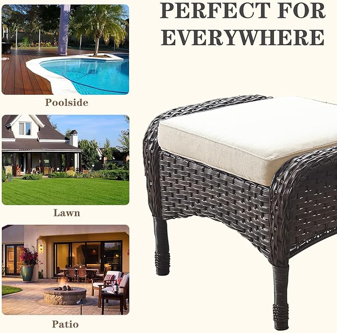 Belord Outdoor Ottomans for Patio Foot Rest - 25 Inch PE Wicker Foot Stool Set of 2 with Removable Cushions for Patio Furniture Sets,All Weather Rattan Ottoman for Balcony Backyard Brown