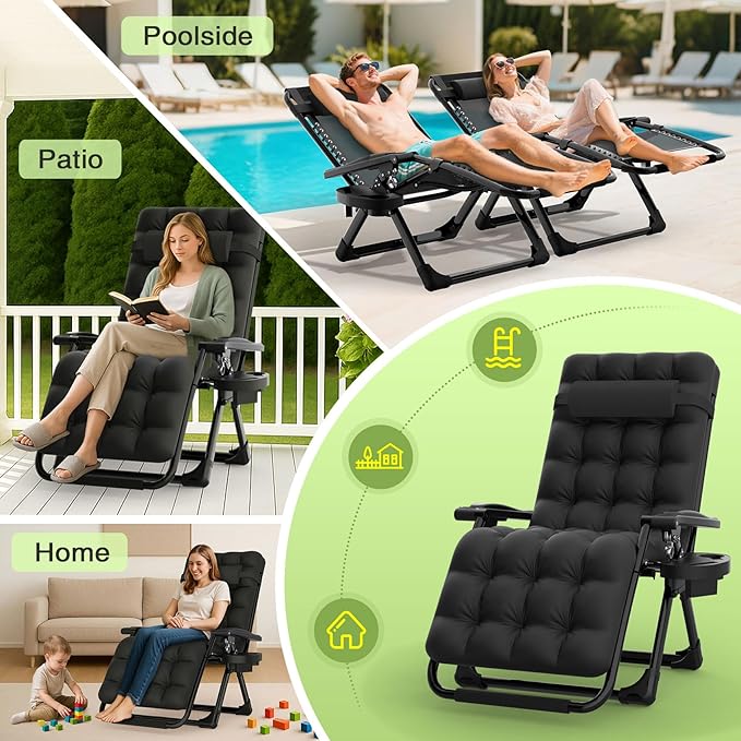 Suteck Zero Gravity Chair, Reclining Camping Lounge Chair w/Removable Cushion, Upgraded Lock and Cup Holder, Reclining Patio Chairs Folding Recliner for Indoor and Outdoor