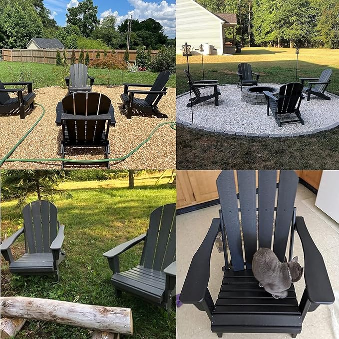 Adirondack Chair with Cup Holder, Folding HDPE Patio Chairs, Outdoor Plastic Fire Pit Chair, Wood Texture, Lawn Chairs for Deck, Porch, Backyard, Garden, Black