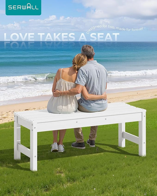 SERWALL 47 Inches Outdoor Bench, All Weather HDPE Backless Bench with Wood Grain Texture for Garden Porch and Park, Curved Bench Seat for Comfort, White