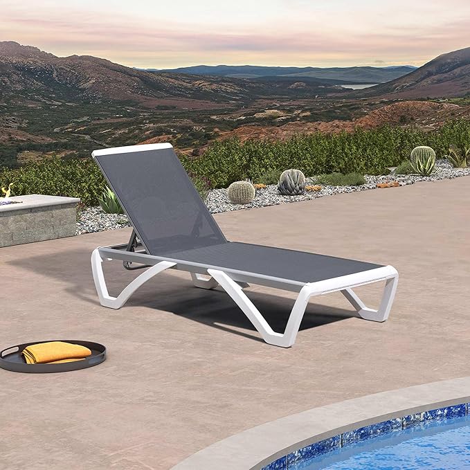 PURPLE LEAF Patio Chaise Lounge Chair Outside Aluminum Plastic Stackable Tanning Chairs for Pool Sunbathing Beach Deck Outdoor Lounger, Light Grey