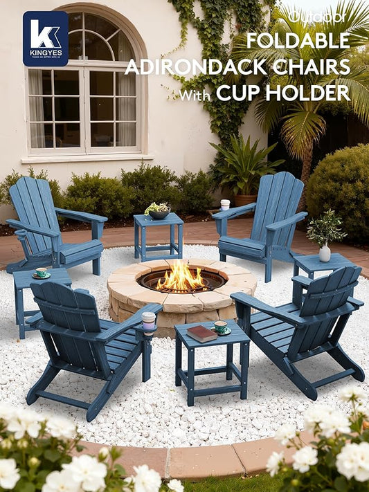 KINGYES Folding Adirondack Chair Set of 8, HDPE All-Weather Patio Chairs with Cup Holder, Wooden Textured Fire Pit Chairs for Poolside, Backyard, Deck, Navy